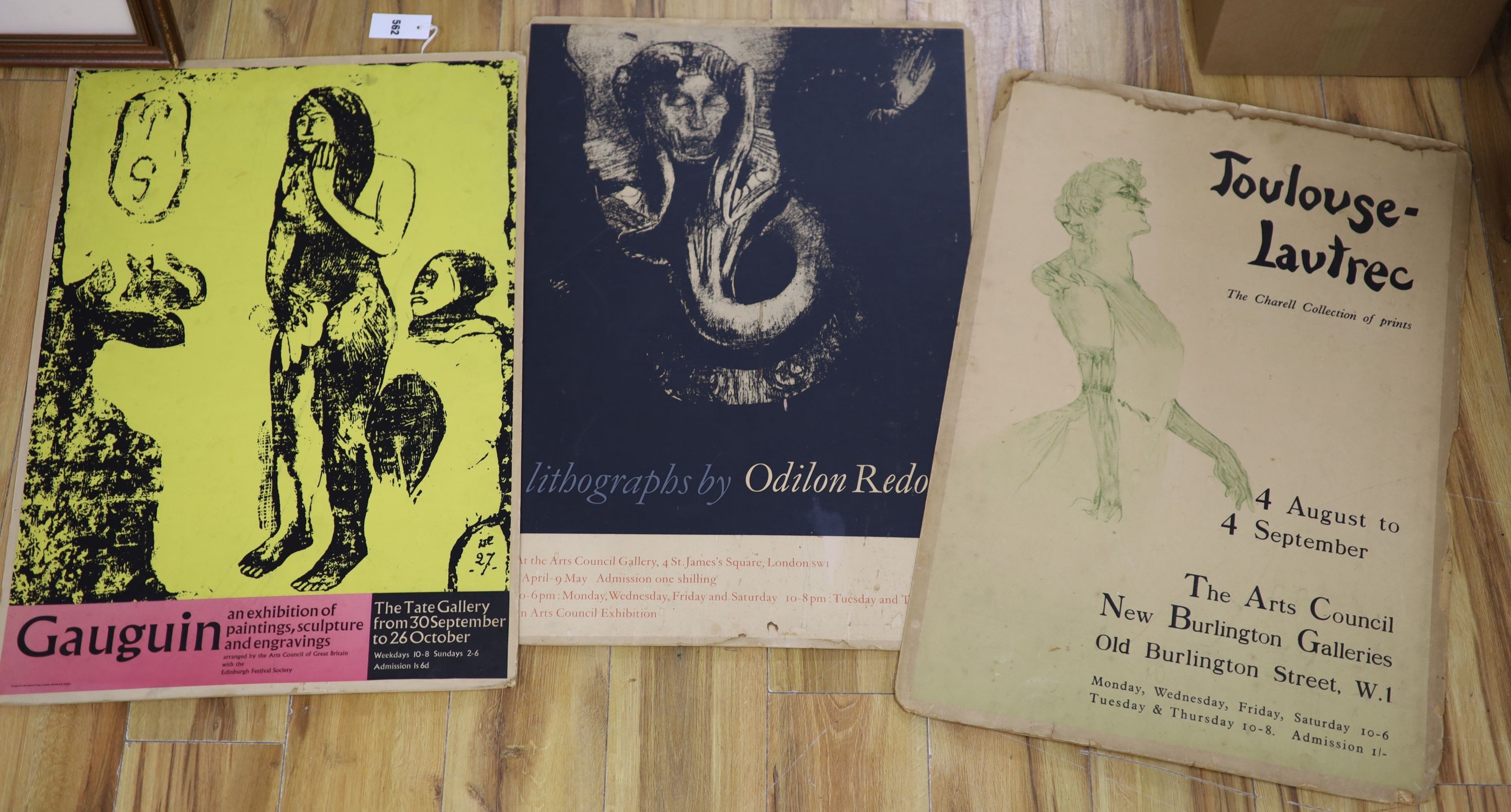 Three printed posters mounted on card for Exhibitions of Works by Gauguin, Odilon Redon and Toulouse Le Trec, largest 80 x 55cm, unframed